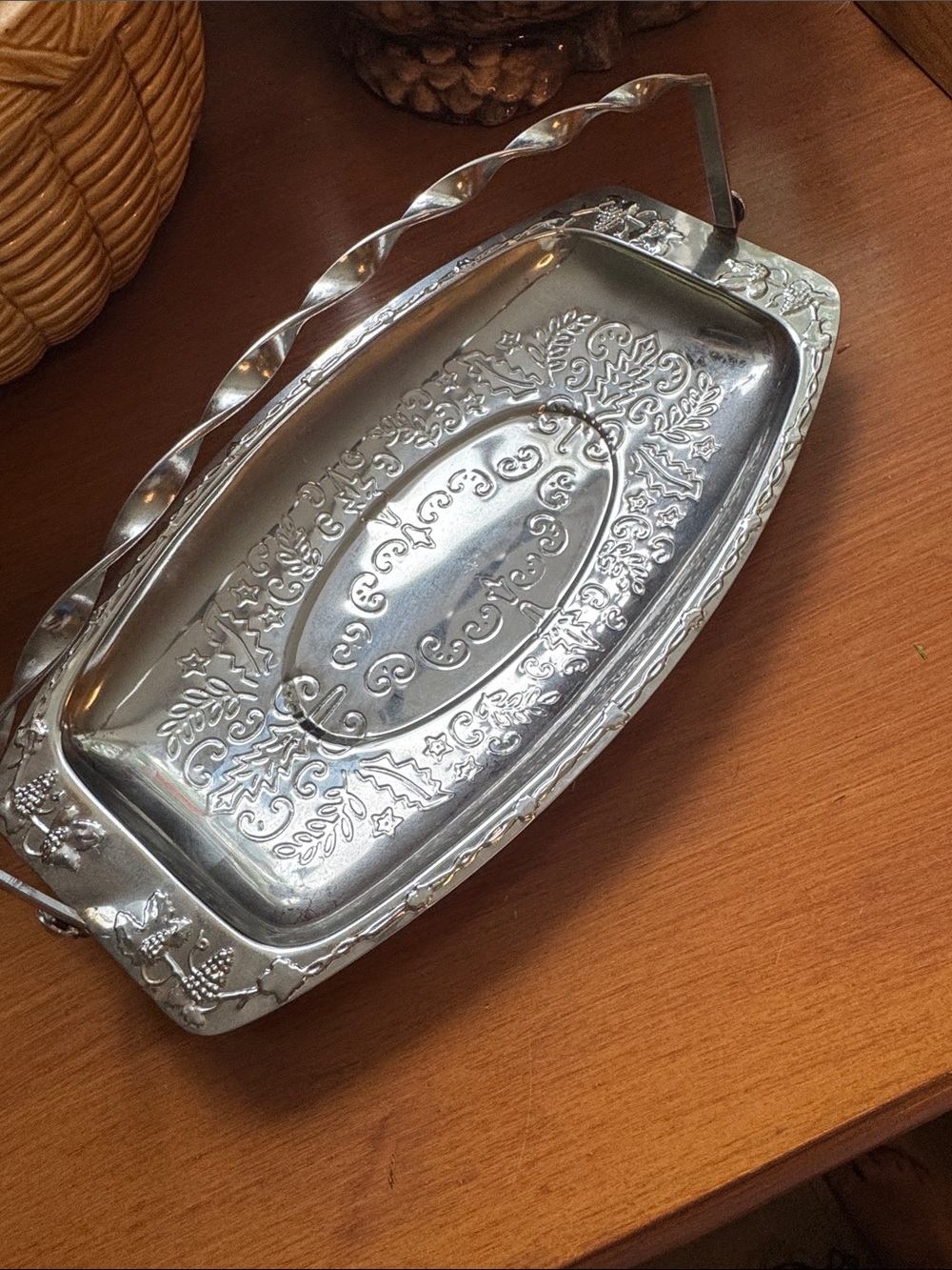 Vintage Silver Decorative Metal Serving Tray with Handle